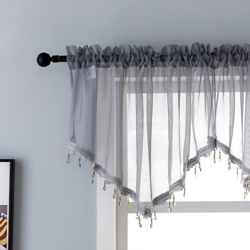 PearAge Beaded Sheer Valance Curtains for Living Room,Rod Pocket Farmhouse Window Valance, Bead Trim Tassel Voile Sheer Curtain Valance for Bedroom Bathroom Cafe 51x24 Inches (Grey) 1PC - Image 1